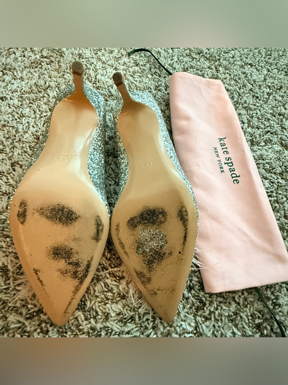 kate spade Silver Glitter Pointed Pumps with Pink Feather Poms - Picture 6 of 8